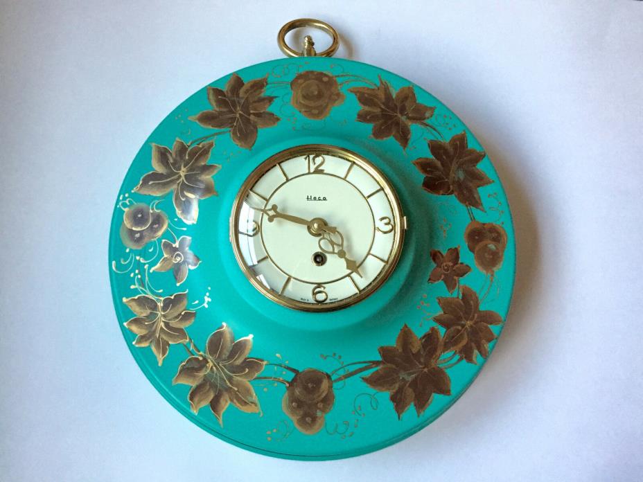 Mid Century Modern HECO German VTG Retro 8 Day Metal Wall Clock Turquoise Works