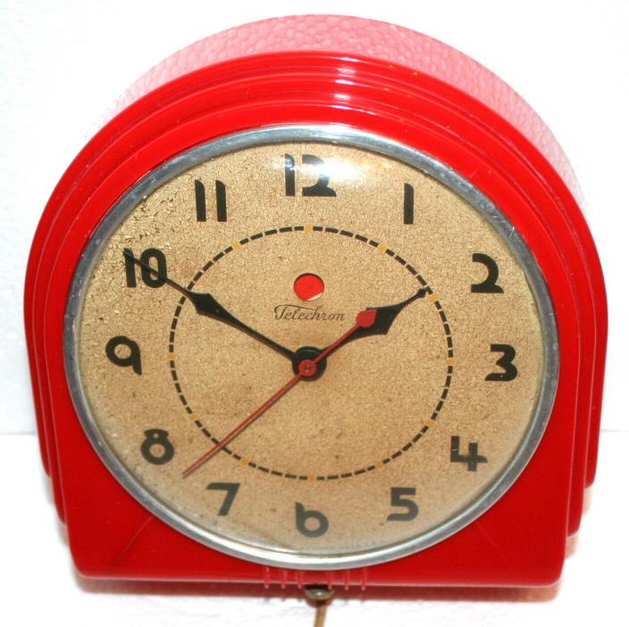 Vintage Telechron Bright Red Kitchen Wall Clock Art Deco Red Dot Running Great