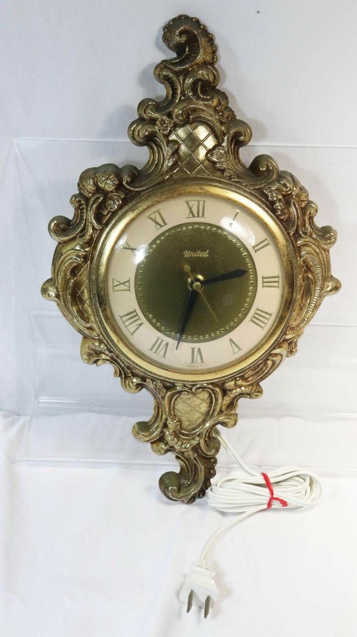 Vintage United Clock Corp 84 Gold Tone Electric Wall Clock Replaced Cord Working