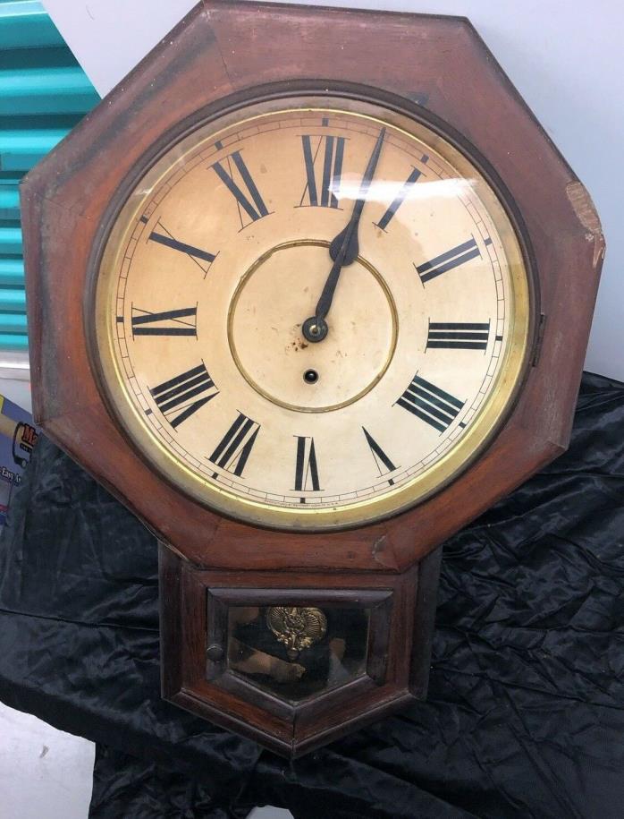 Antique Waterbury Drop Trunk Wall Clock Casing Needs Service & Winding No KEY