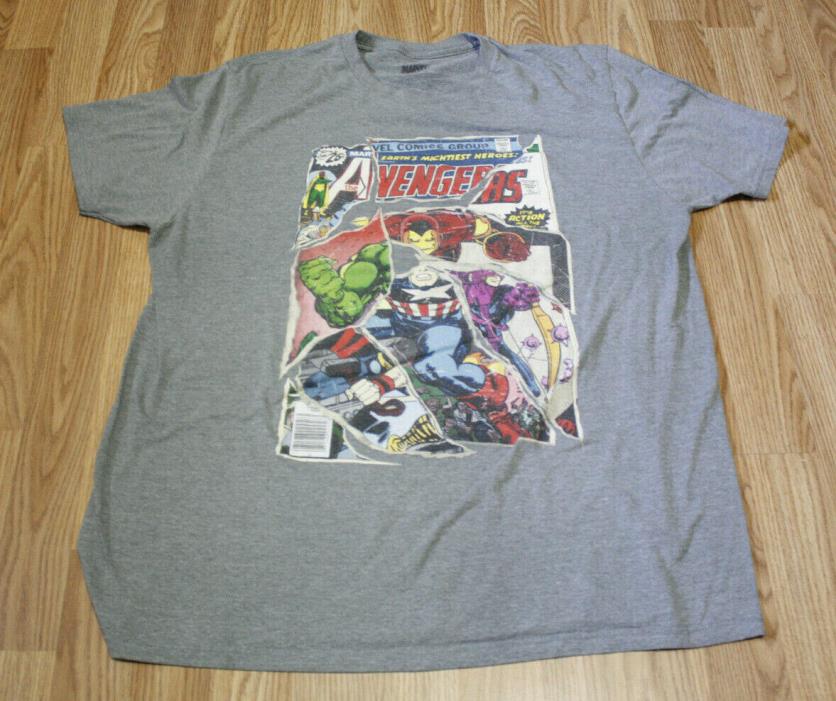Marvel Avengers Comic Book Graphic T-Shirt Gray Large Tee Iron Man Hulk Thor
