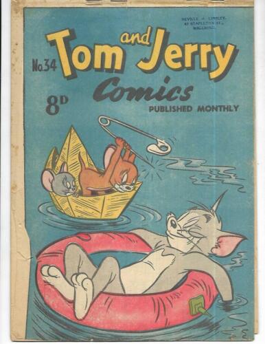 Tom & Jerry Comics #34 1950's Australian Floating In Inner-Tube Cover!
