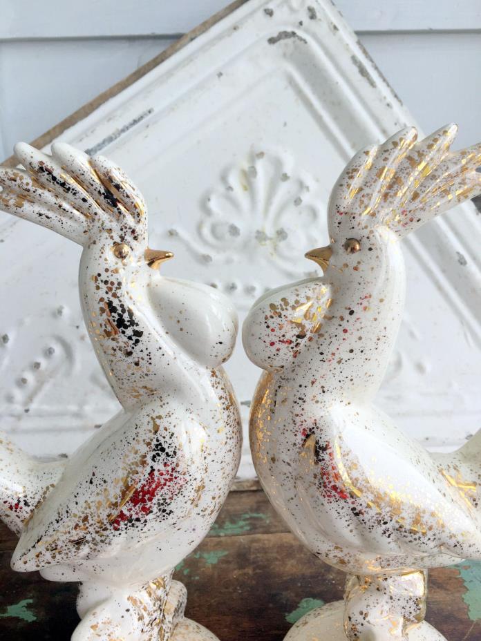 Retro Pair Mid Century Vintage White Gold Flecked Rooster/Chicken Modern