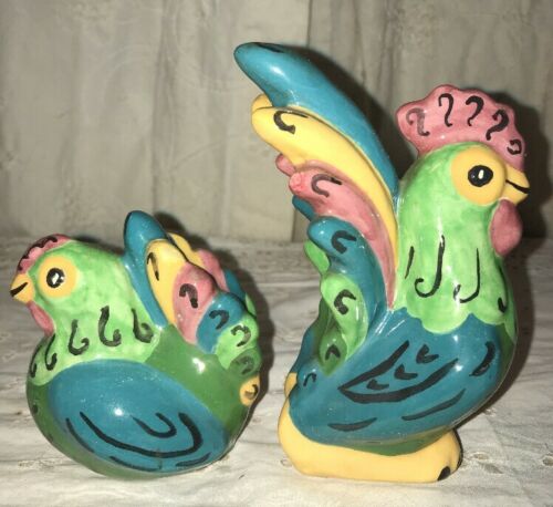 Vtg PAIR FolK Pottery Art Colorful Rooster Chicken Hen Country Farm Decor