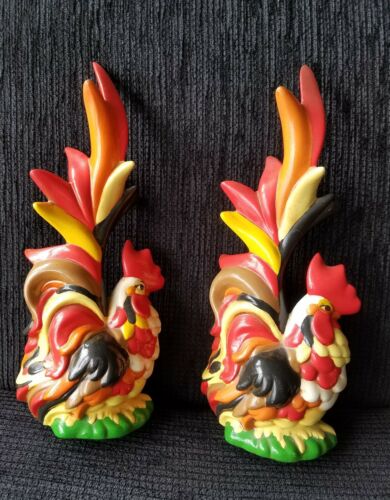 Pair of Vintage Ceramic  Colorful Chicken Rooster Ceramic Figurines Collectible
