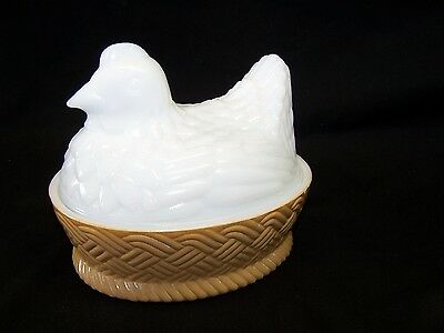 Vintage Avon Milk Glass Hen on Beige Woven Nest, Candy Dish