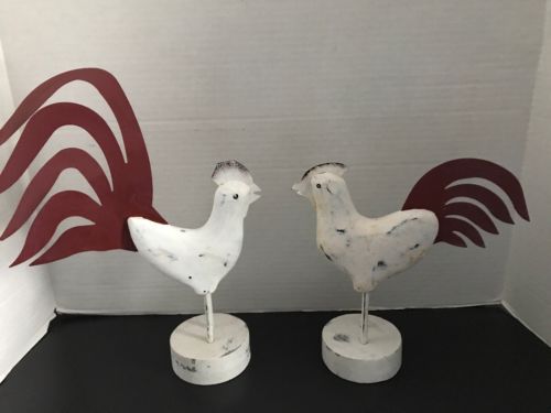 Lot of 2 Rustic Carved Painted White Wood Rooster Figurine With Metal Tails