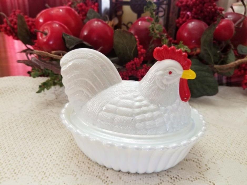 Nesting Hen Mother of Pearl Red Comb Covered Dish Split Tail Made USA