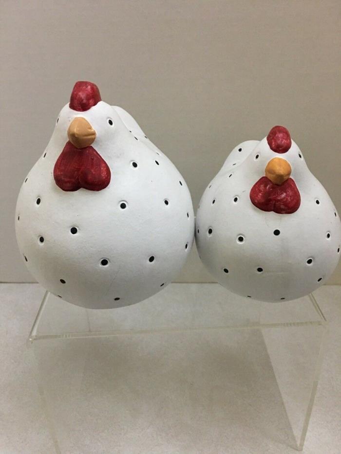 Two Chickens-One Large & One Small White Chickens with Black Dots.