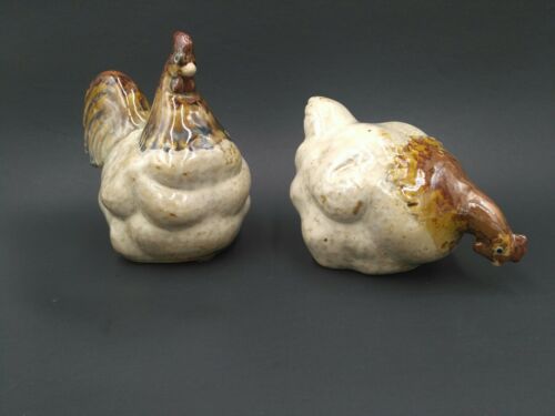 CHICKEN ROOSTER & HEN CERAMIC FIGURINES Rustic Farmhouse Country SET OF 2