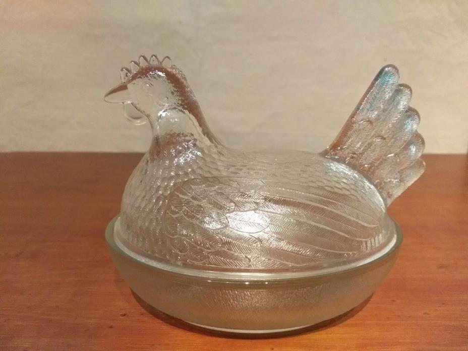 Clear Depression Mid Century Glass HEN ON HEST Covered Candy Dish TEXTURED Base