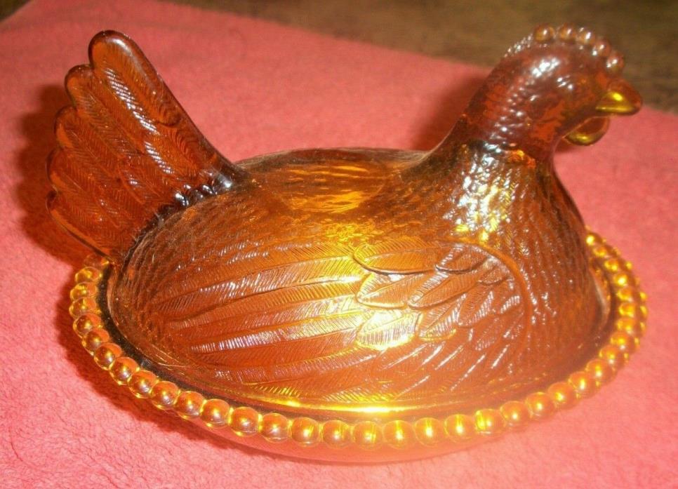 Amber Glass Chicken On Nest Beaded Rim Candy Dish Serving Bowl