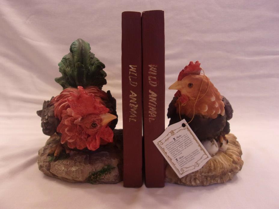 Farm/Barnyard Hen & Rooster Bookends, Alabastro European Art Sculpture, 6 1/2