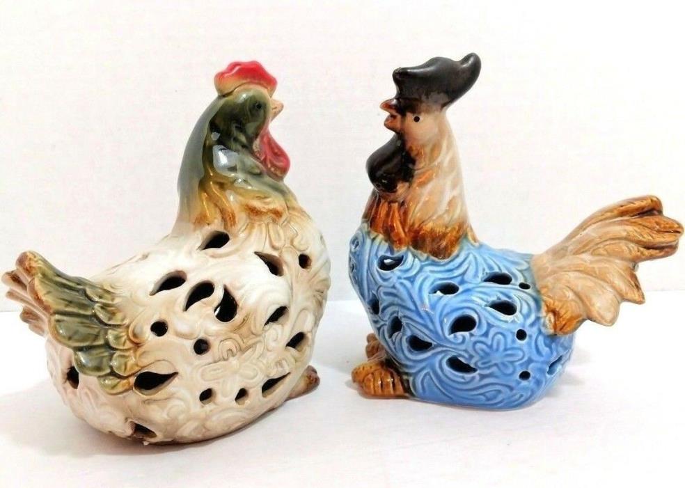 Chicken Figurines Country Farmhouse design Set of 2 Blue & White Ceramic 5.5