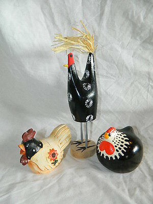 3 Folk Art Chicken figurines, 1 handmade, 1 resin, Happy Hen Norfolk New Zealand