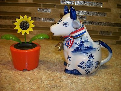 Vintage DELFT Porcelain COW PITCHER Blue Hand Painted Bow/Bell HOLLAND~Perfect!