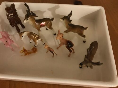 9 Vintage Miniature Bone China, Blown Glass, Metal And Plastic Deer Collection.