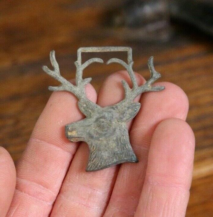 Vintage Brass Elk Buck Stag Deer Head Bust Charm Pendant Antique Antlers Trinket