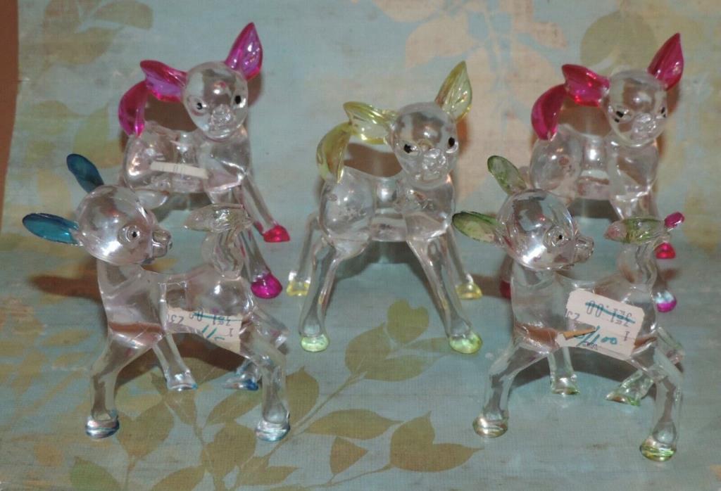 5 Vintage Bambi Clear Lucite Plastic Deer Fawn Toy Figurines Mid-Century Modern