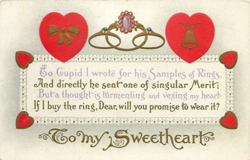 Valentine~Poem~Cupid Plea~Samples Of Rings~Red Hearts~Gold Bell & Bow~Gold Emb