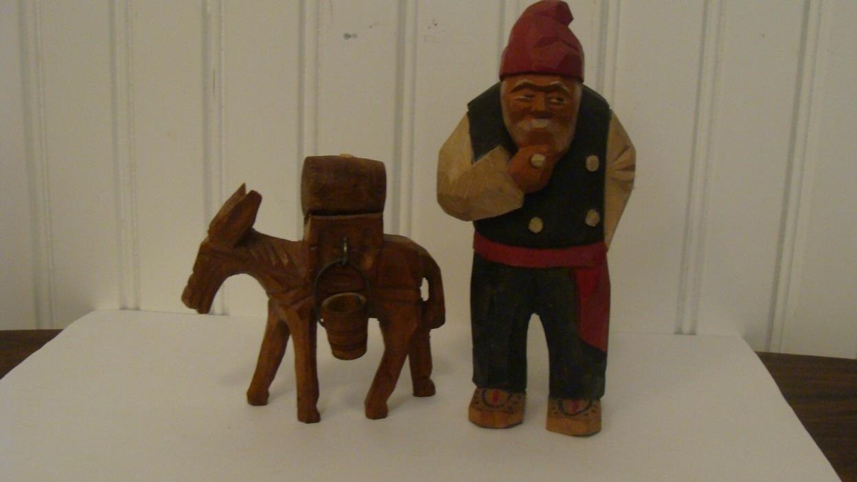 Vintage Wood Carved Man Figurine & Donkey Figurine