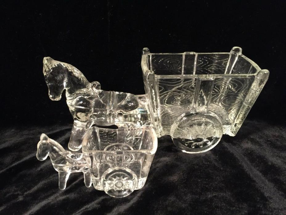 Glass Donkeys Pulling Carts Large-Candy Dish/Planter Small-Toothpick/Match Hold