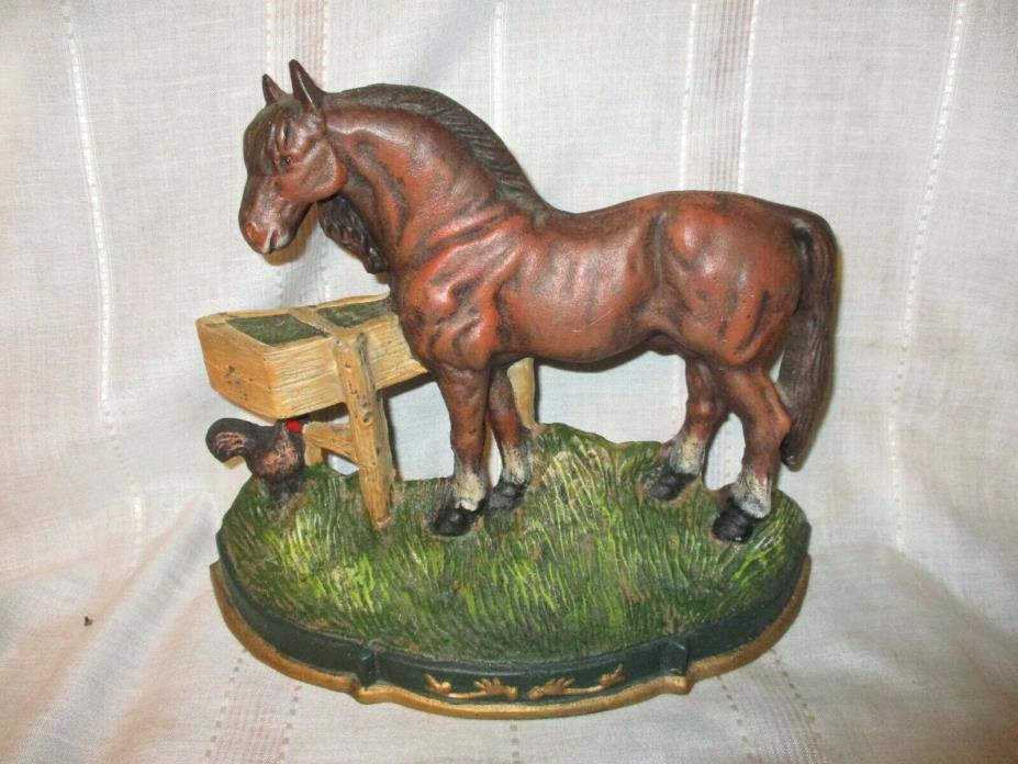 Vintage Large Hand Painted Cast Iron Horse w/Rooster Door Stop Decor Item