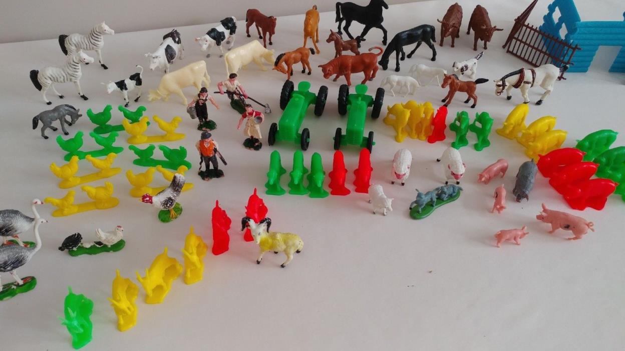 Vintage Plastic Farm Animals, Includes Attachable Fence, Building, and Tractors