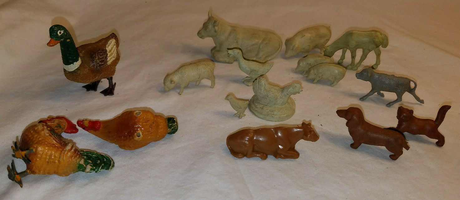 Lot 16 Antique Miniature Farm Animals Pig Horse Dog Cat Cow Duck Chicken Sheep