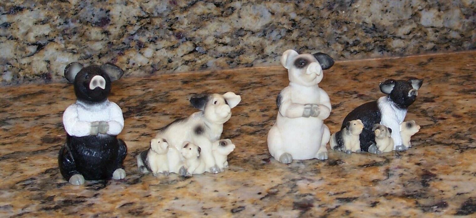 4 Vintage Farm Pig Family Figurines Mother Father Baby Piglets Tan Black Spotted