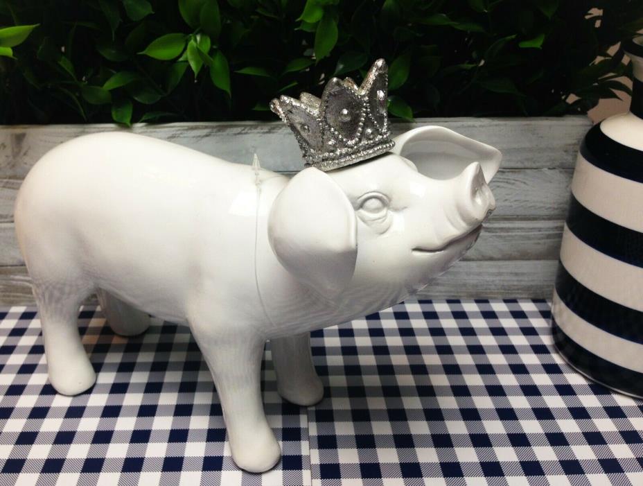 King Pig white ceramic pig figurine statue with silver crown