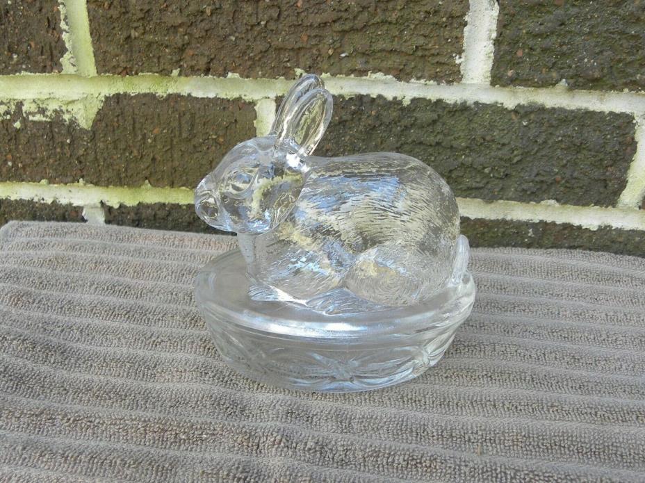 Vintage GALERIE Clear Glass Bunny Rabbit On The Nest Candy Trinket Dish Figurine