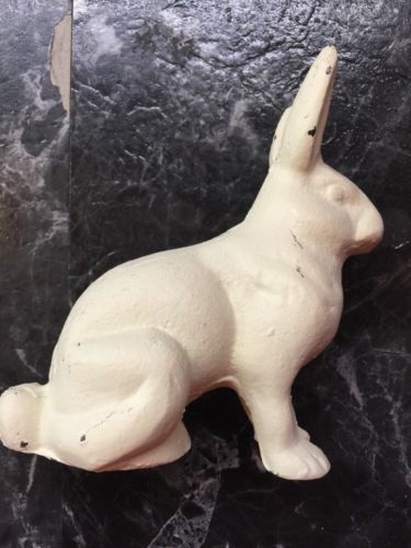 Beautiful Distressed White Painted Cast Iron Bunny Rabbit Shabby Farm House