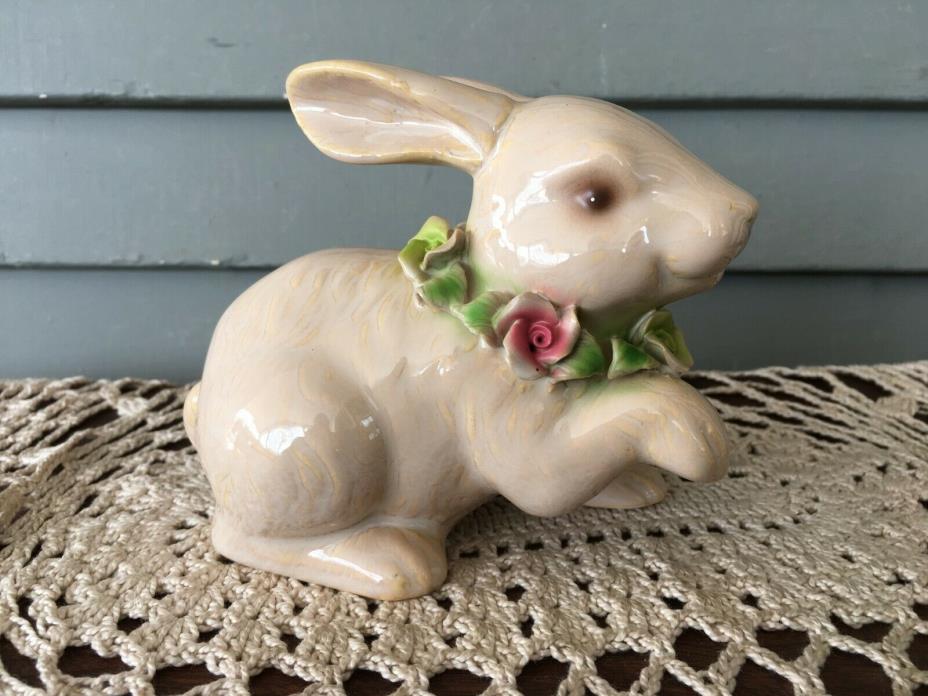 Small Ceramic Bunny Rabbit Figurine Hand Painted with Flowers