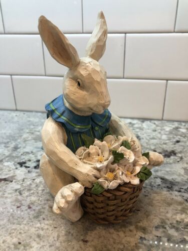 Vintage Bunny Rabbit Blue Vest Basket White Flowers Resin FORESIDE Easter Figure