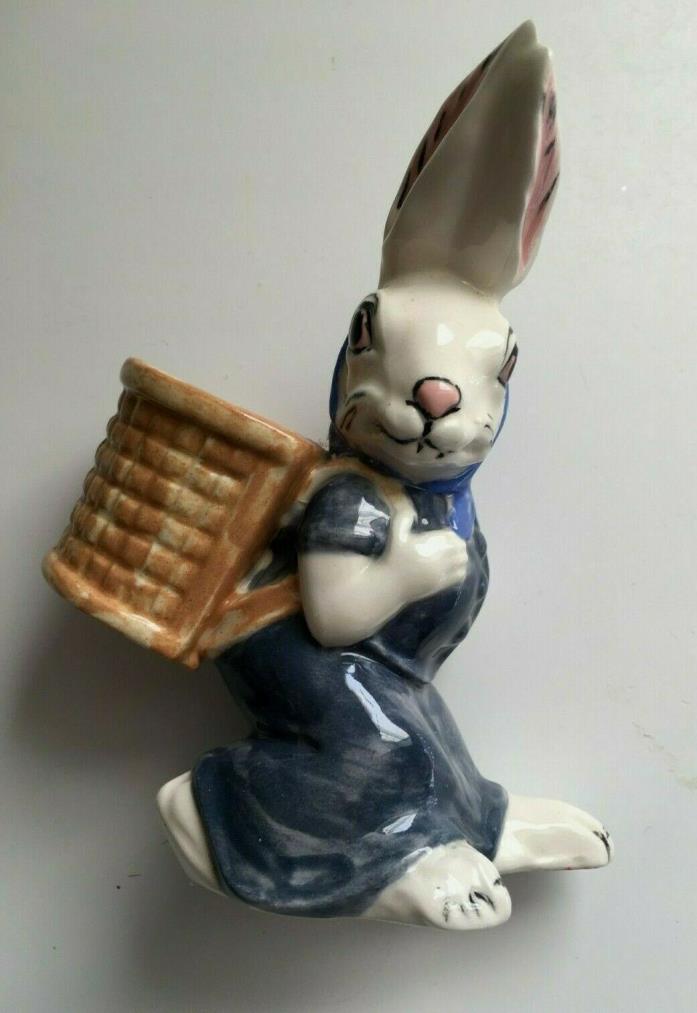 Vintage White Ceramic Bunny Rabbit Blue Dress Carrying Basket Back Handmade 6