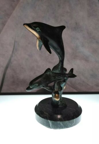 Two Dolphins Jumping Bronze Statue With Granite Base 6 In