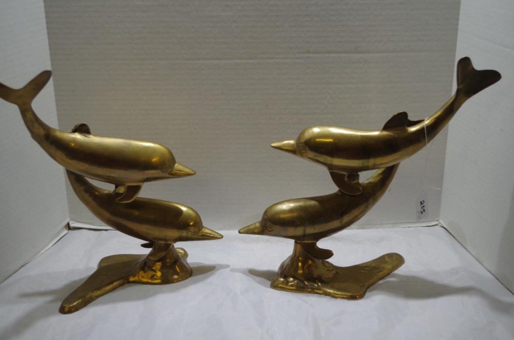 Set Vintage Large Brass DOLPHIN'S Statue Figure Sculpture Nautical Sea Decor