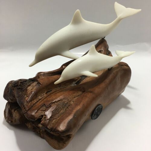 Vintage White Dolphin And Calf Sculpture Burl Wood Drift Wood  By John Perry Tag