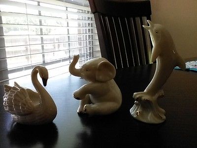 Lenox DOLPHIN, SWAN and ELEPHANT FIGURINES Ivory Porcelain, 24k Gold Trim, 4