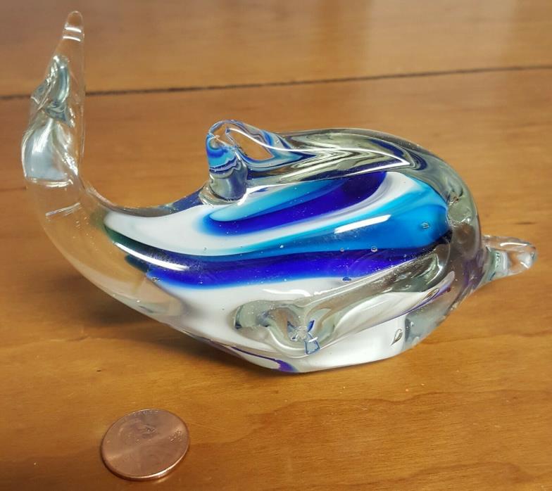 Dolphin Porpoise Paperweight Cobalt Blue Aqua & White / Clear Blown Glass