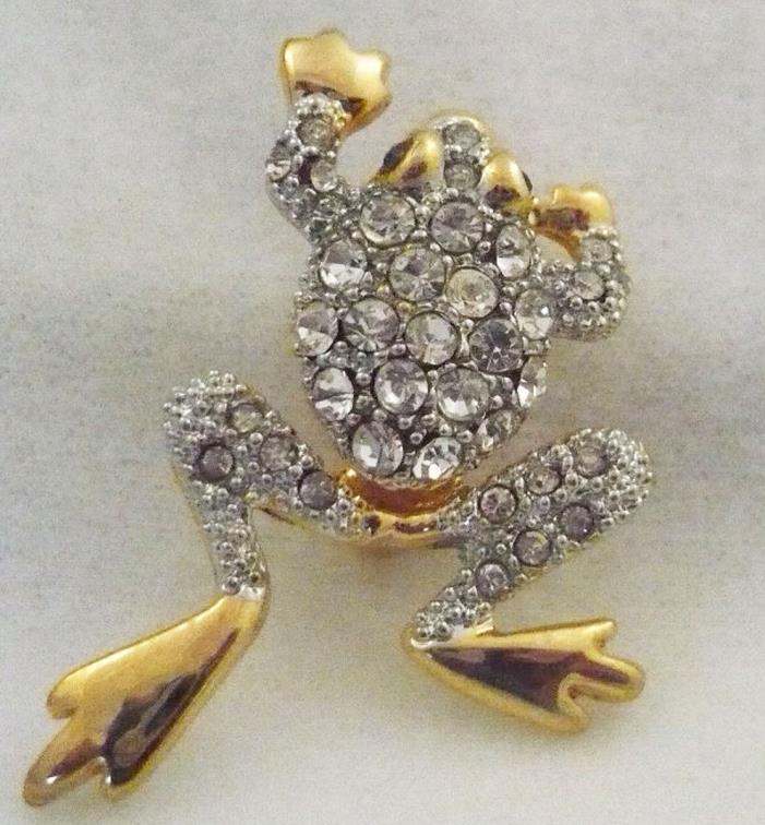 New on card goldtone rhinestone studded articulated frog pin borooch moving legs
