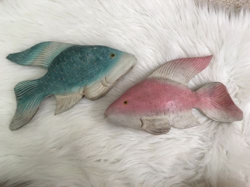 Wooden Carved Fish Set Of Two Pink/Blue Large Beach Lake Decor Home Accessories