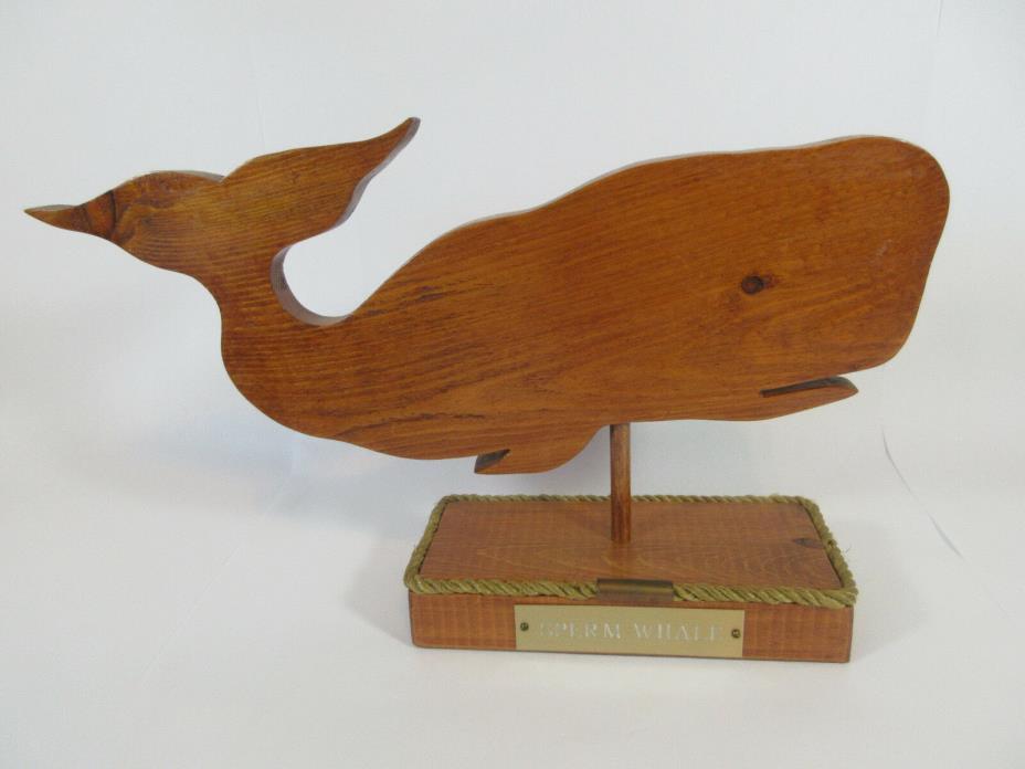 VINTAGE SPERM WHALE WOOD DECORATIVE FIGURE WITH STAND NAUTICAL OCEAN DECOR