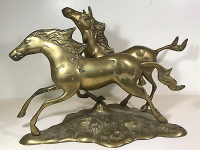 Vintage Lrg Brass Wild Horses Sculpture Statues