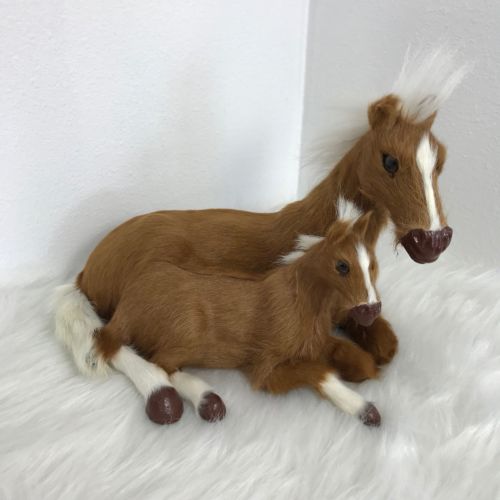 Horse And Colt Figurine Brown Goat Fur Realistic 6.5” Tall 10” Long Collectible