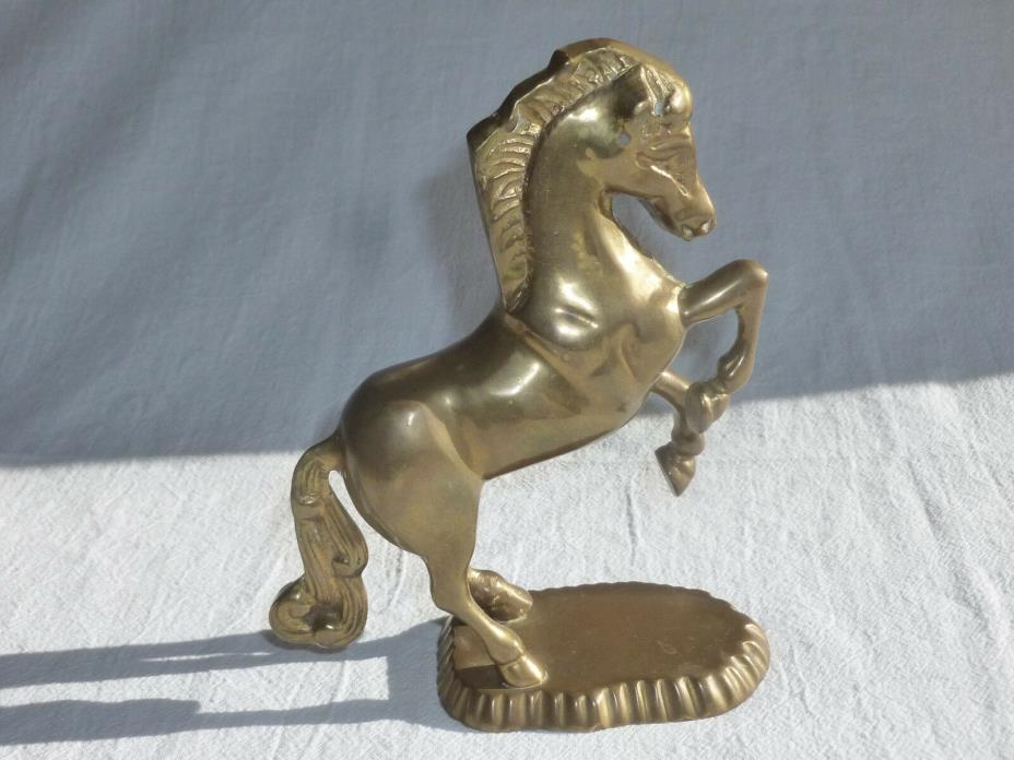 Wild Horse Figure VTG Solid Brass Horse desktop statuette on brass base 6.5in