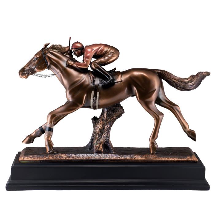 Jockey On Galloping Race Horse Bronze Copper Plated Figurine Statue 16