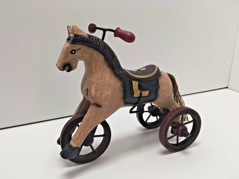 Vintage Wood Rocking Horse On Tricycle Wheels Rustic Country Antique Doll Toy