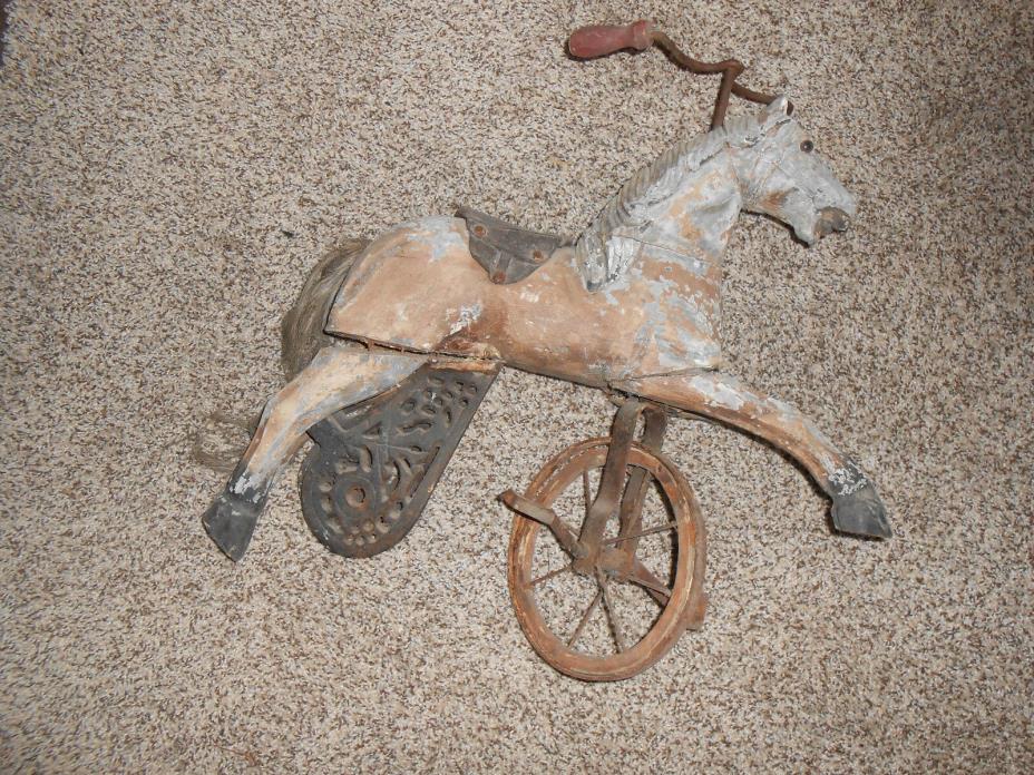 Antique 1800s Hand Carved Wood Child's Horse Tricycle Needs Repair